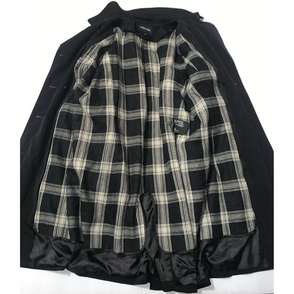 London Fog Women's Trench Coat Black Double Breasted Size Large Plaid Lining